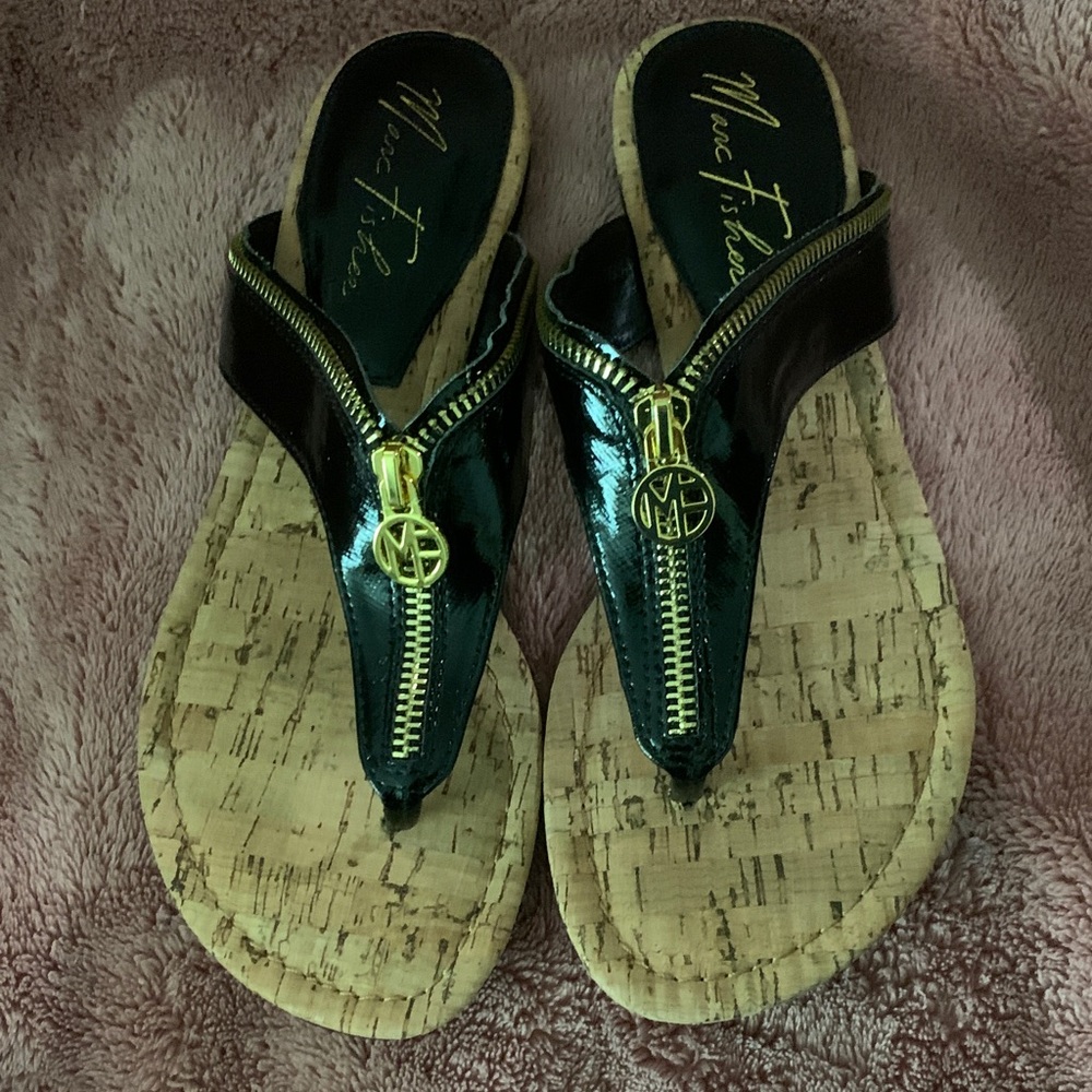 Marc Fisher Black Patent Sandals with Cork Sole New w/ tags & box